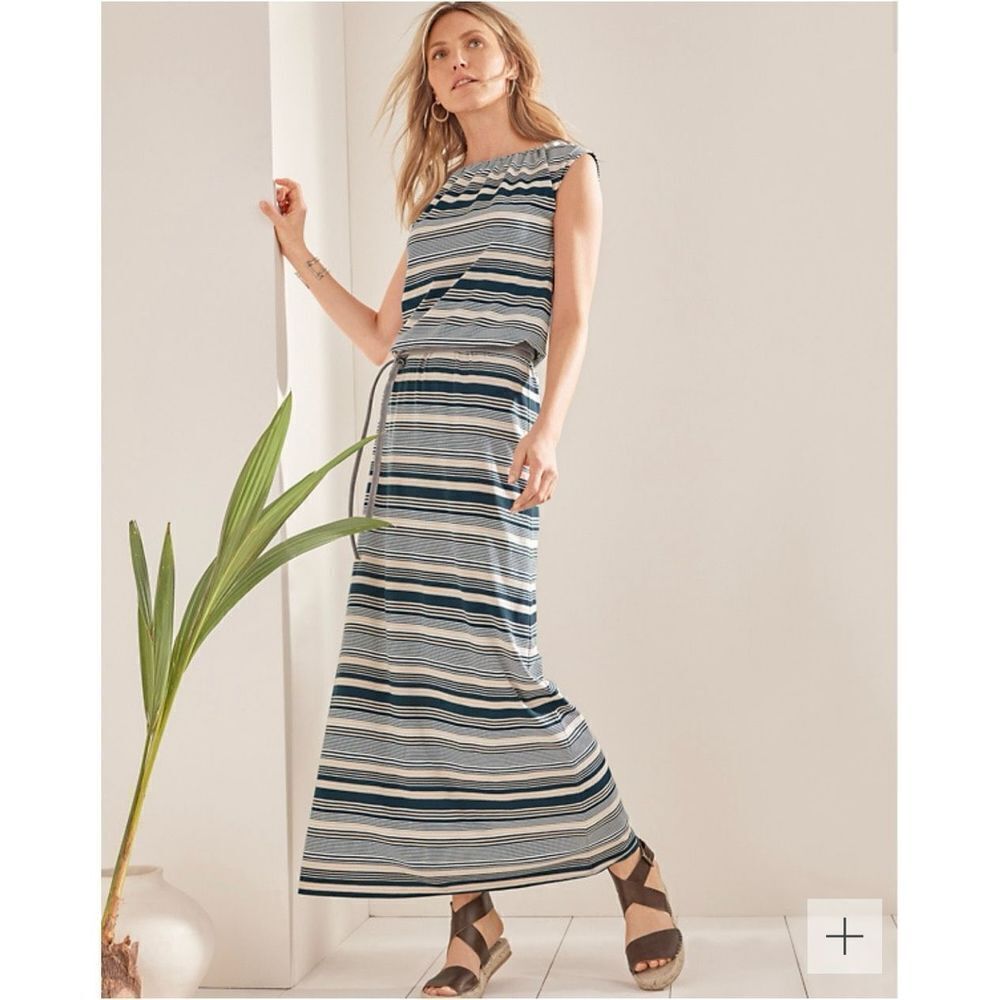 Garnet Hill Santorini Black Tan White Striped Knit Dress sz L EUC